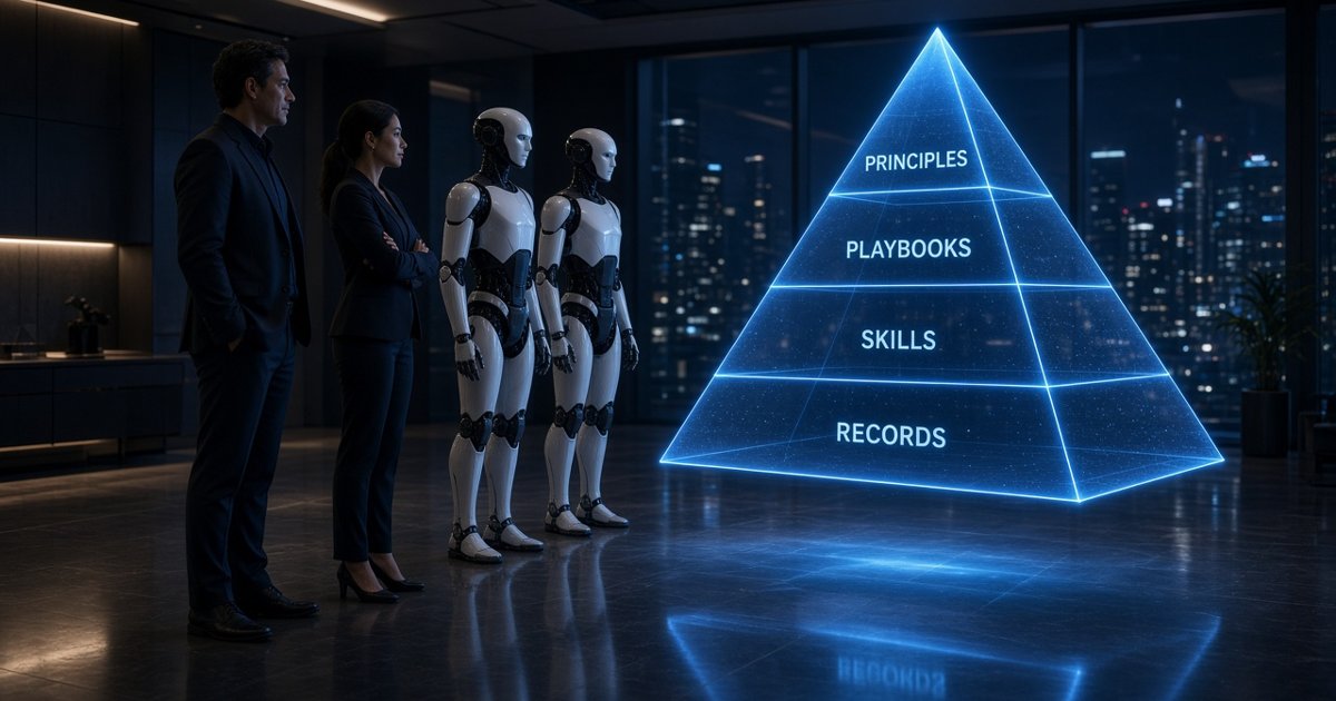 People and bots facing a pyramid of principles, playbooks, skills and records. AI-generated illustration.